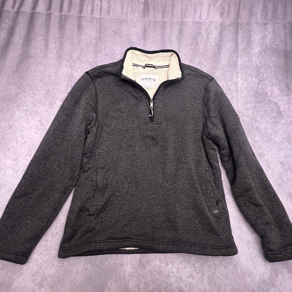 Orvis Quarter Zip Pullover Mens Large Gray Excellent Sherpa Lined Sweater Knit